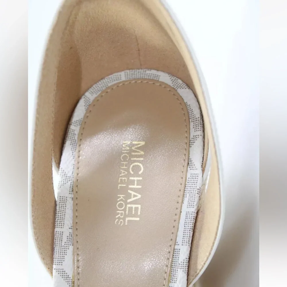 Michael Kors “Kimberly” MK logo beige vanilla wedge espadrille sandals 10